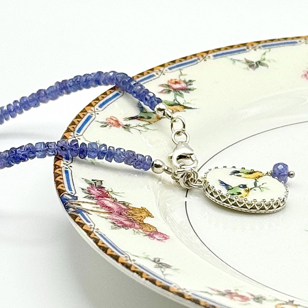 Tanzanite & Love Birds Charm Bracelet, 18th Wedding Anniversary Gifts for Wife, Antique Porcelain