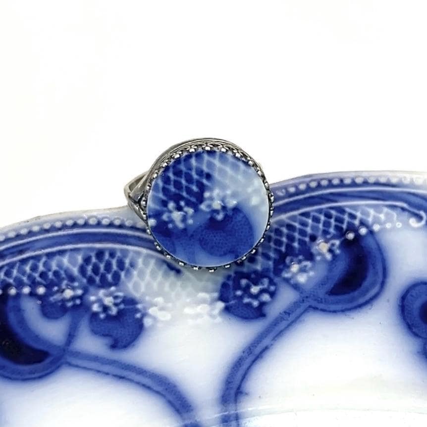 Antique Flow Blue Porcelain Ring, Adjustable Sterling Silver Ring, Broken China Jewelry
