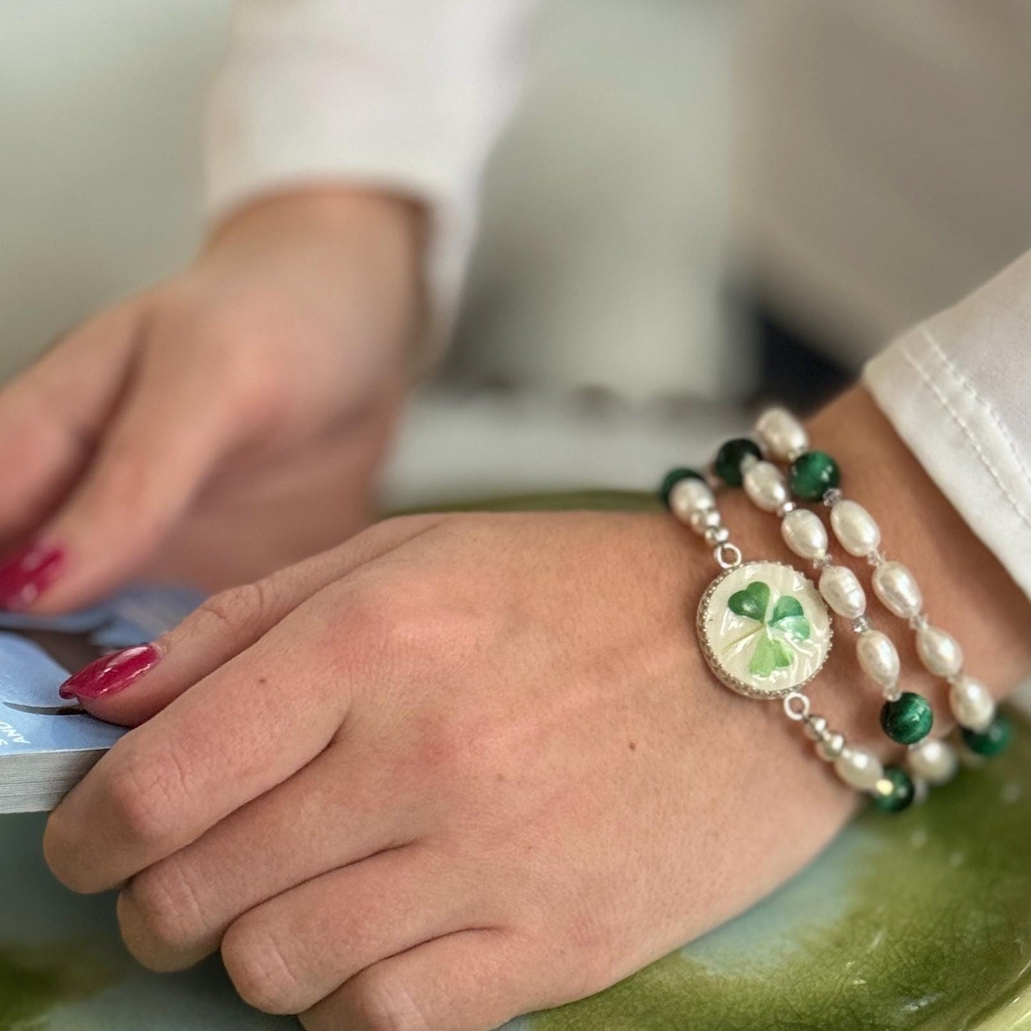 Irish Belleek Broken China Jewelry, Beaded Wrap Bracelet, Unique Celtic Christmas Gifts for Women