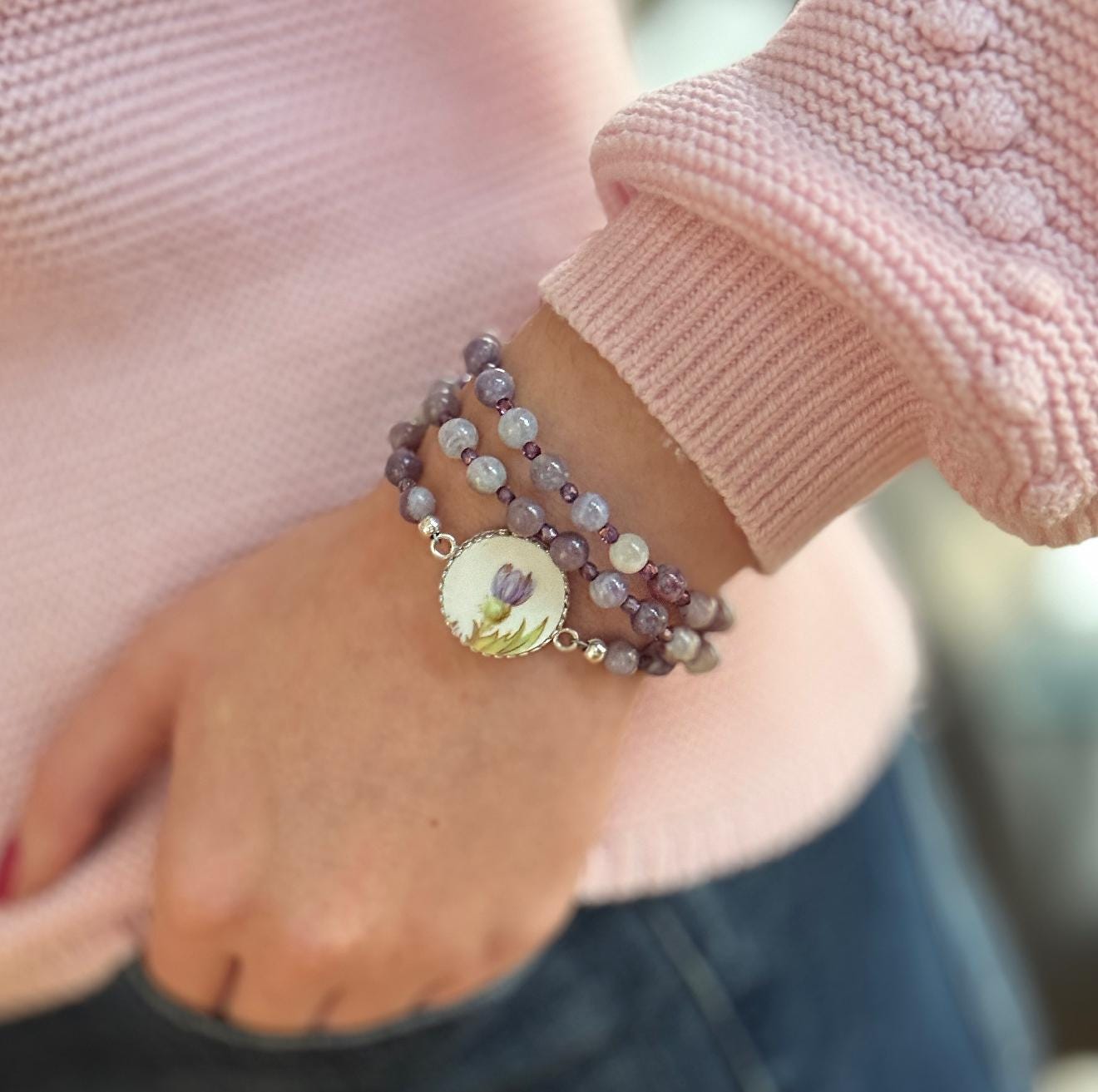 Thistle Wrap Bracelet, Scottish Thistle Broken China Jewelry, Gemstone