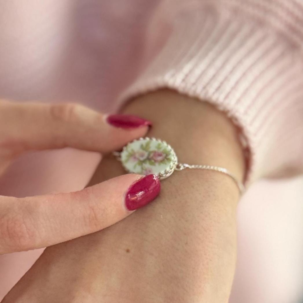 Antique porcelain 18th Wedding Anniversary Gift for Wife, Dainty Adjustable Sterling Silver Bracelet, French Porcelain