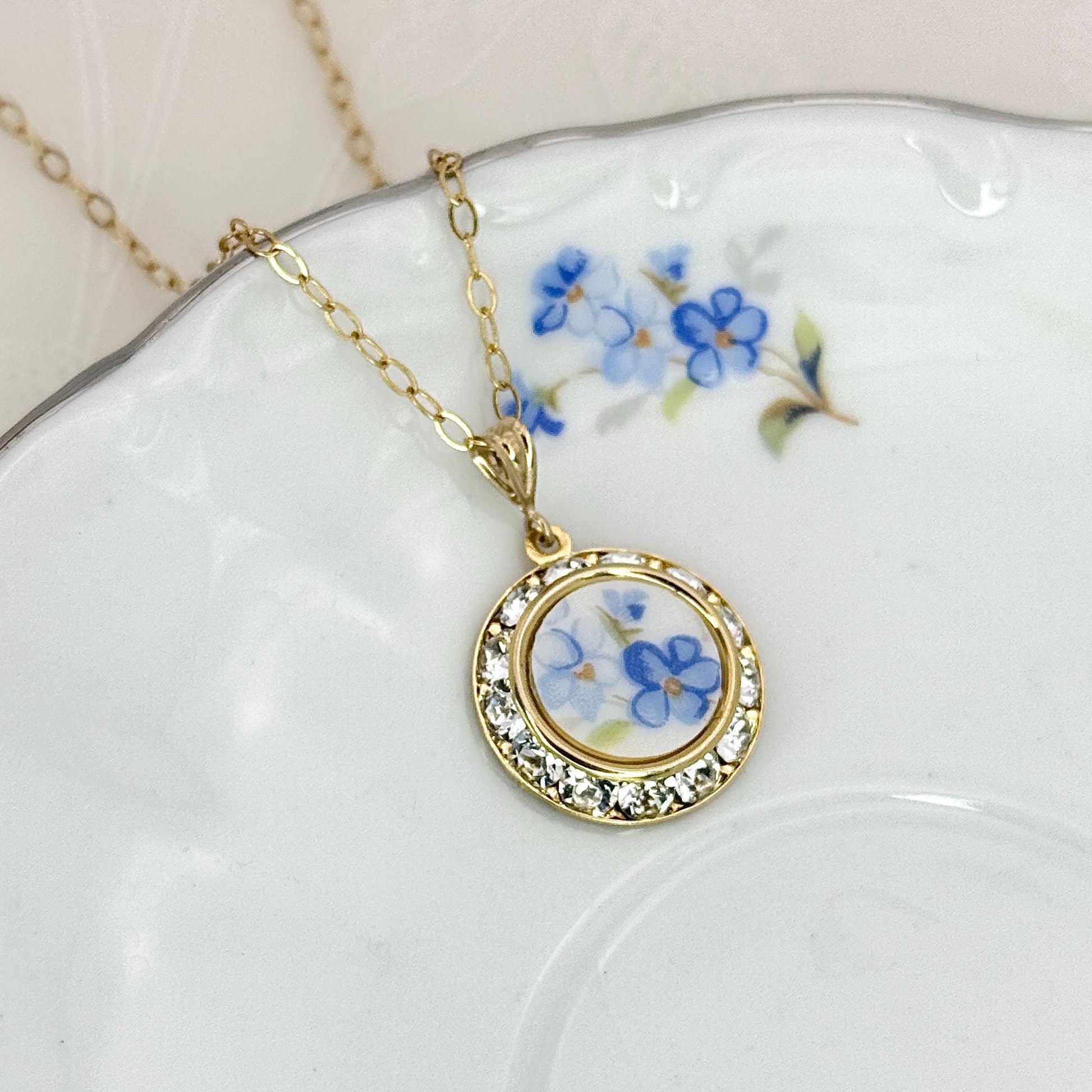 Gold Forget Me Not Crystal Necklace, Romantic 18th Anniversary Gift for Wife, Dainty Porcelain Jewelry
