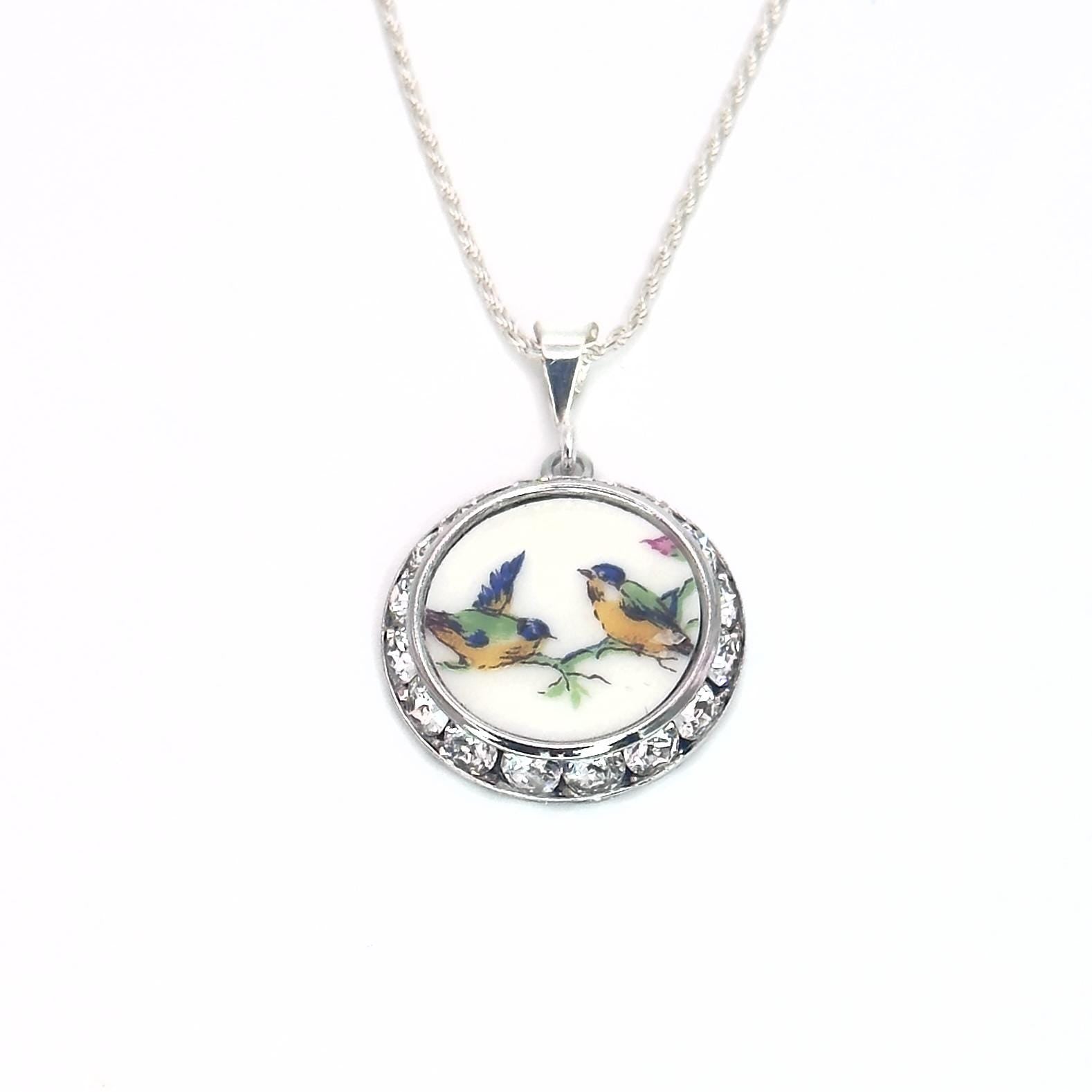 Love Birds 20th Wedding Anniversary Gifts for Wife, Antique Broken China Jewelry Crystal Necklace