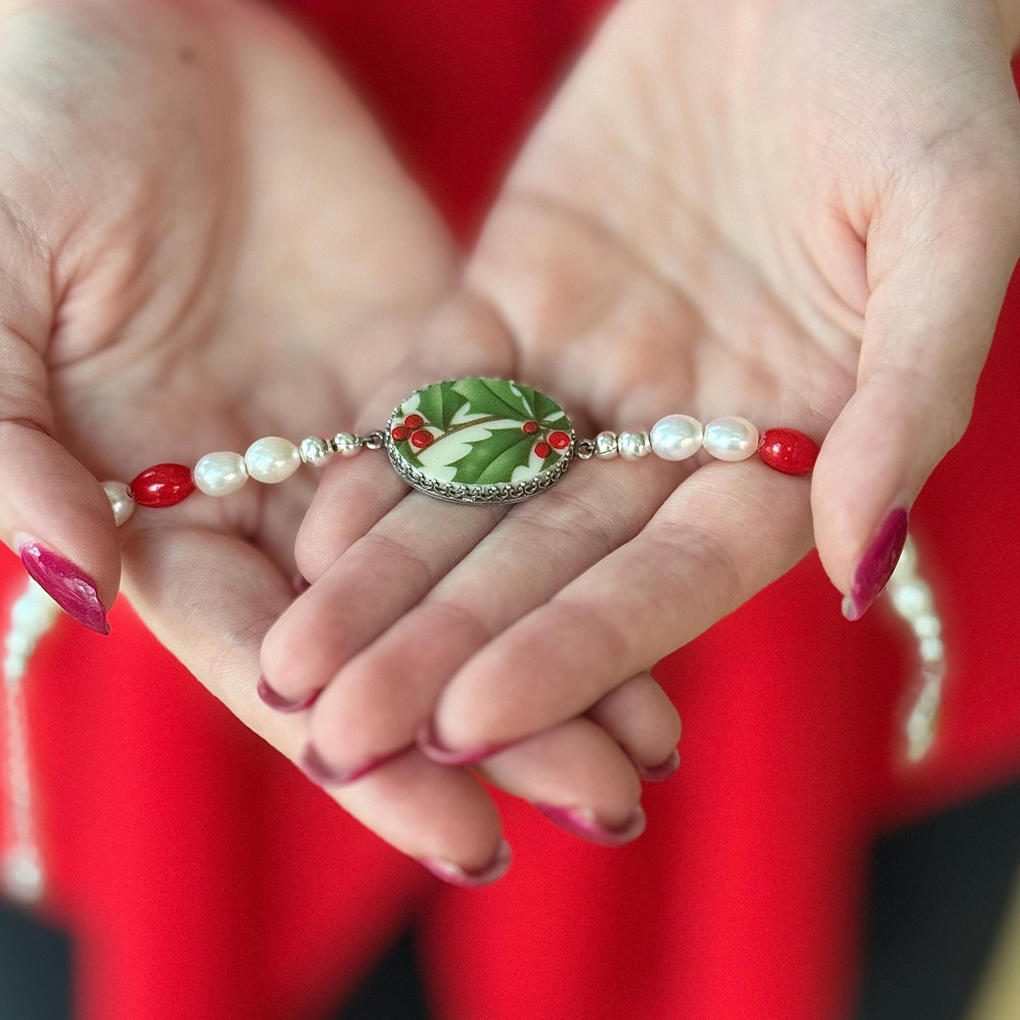 Unique Lenox Holiday Broken China Jewelry Bracelet, Pearl and Red Coral Bracelet, Christmas Gifts for Women