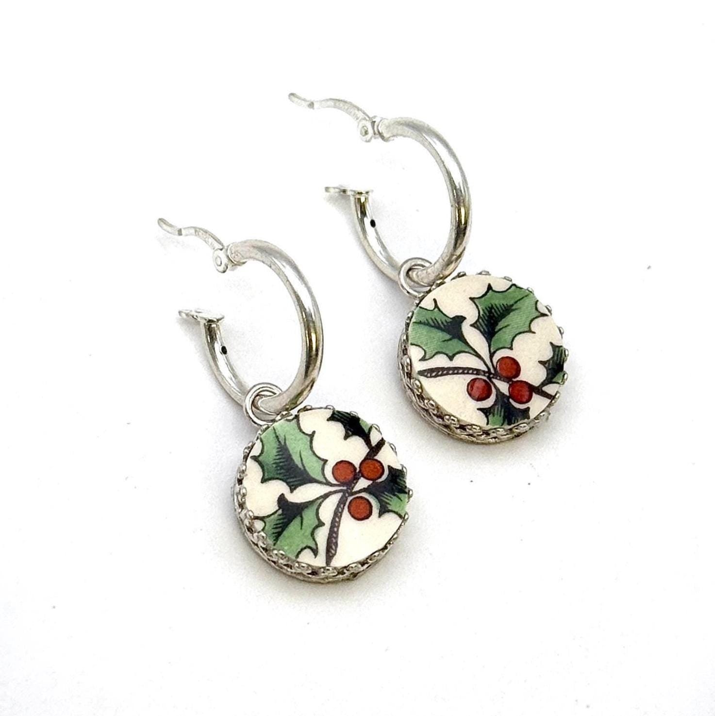 Holly Spode Christmas Tree Pattern Sterling Silver Hoop Earrings, Broken China Jewelry