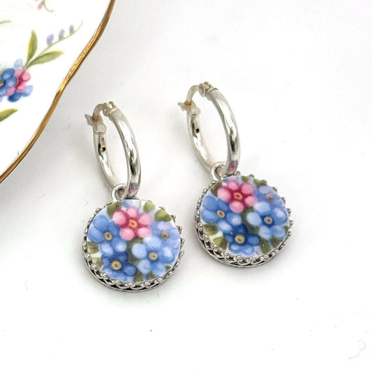 Romantic Forget Me Not Earrings, 20th Anniversary Gift for Wife, Vintage Broken China Jewelry, Sterling Silver Hoop Flower Earrings
