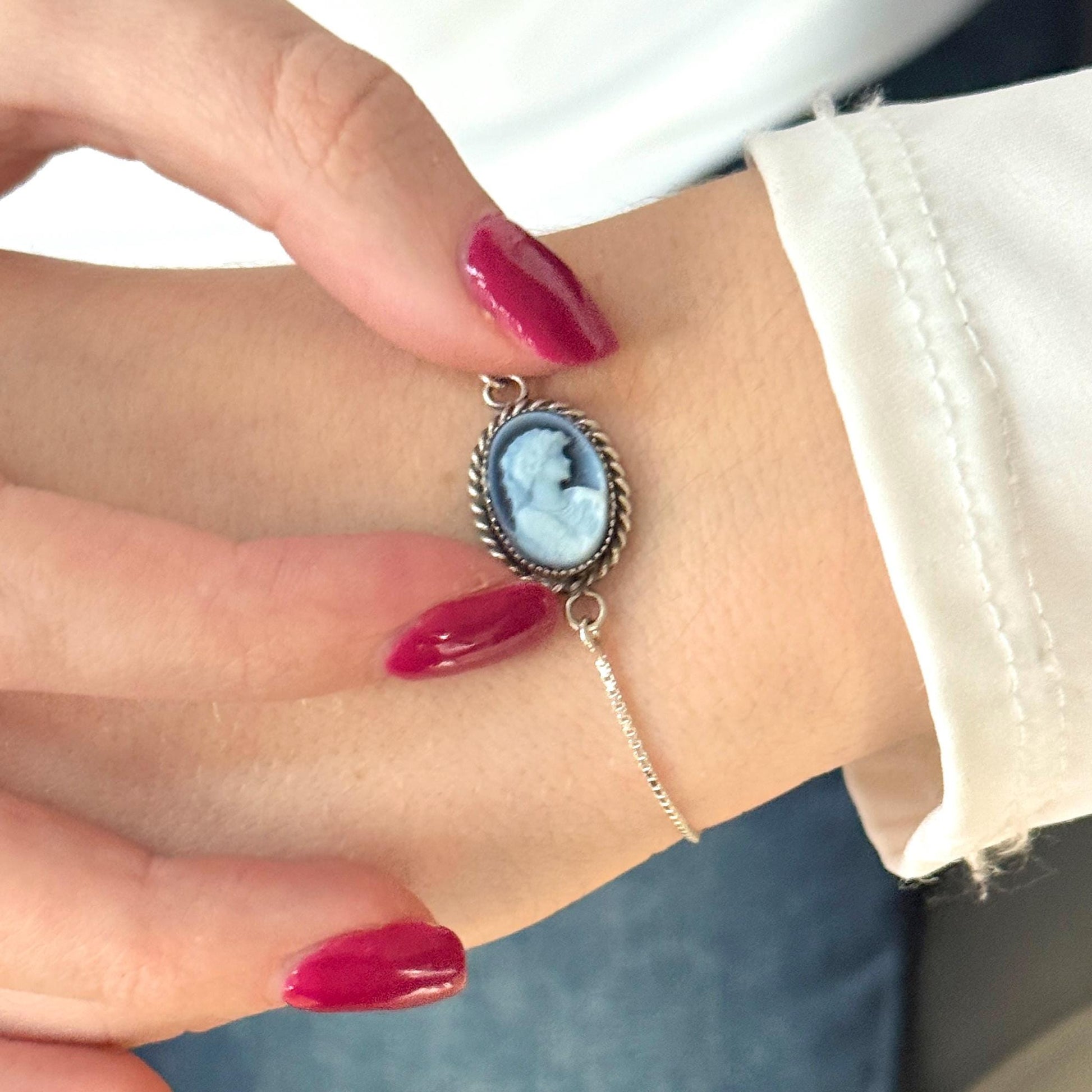 Sterling Silver Gemstone Cameo Bolo Bracelet, Gifts for Daughter