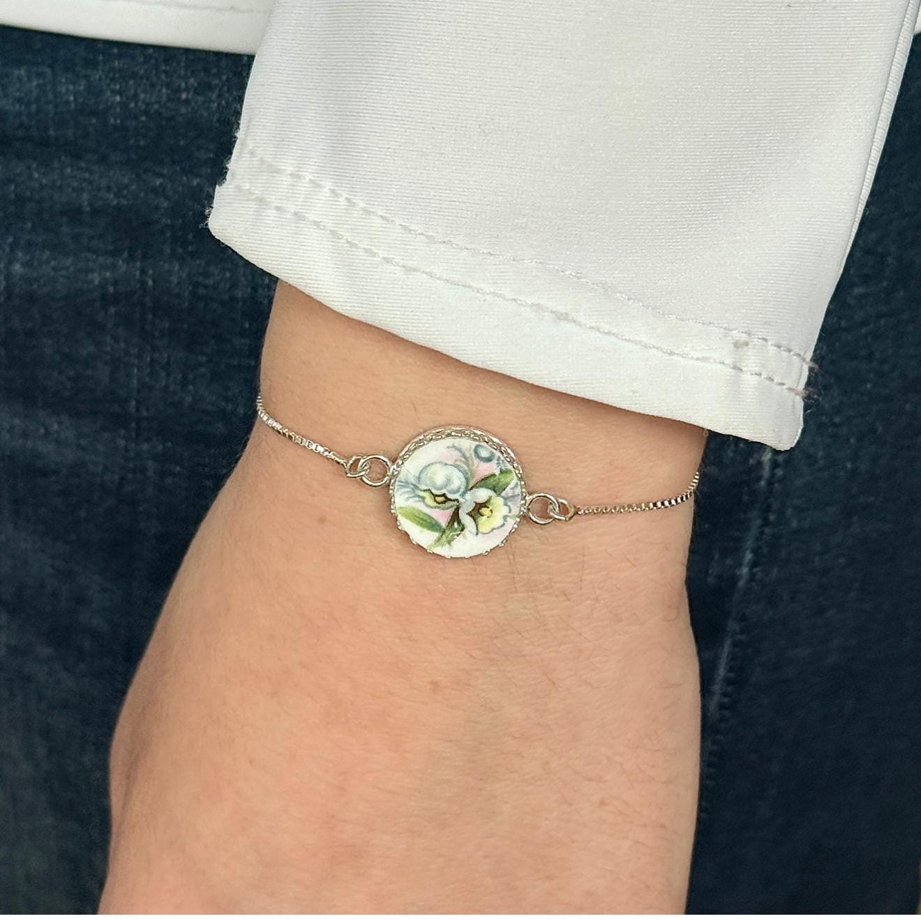 Dainty Sterling Silver Lily of the Valley Bolo Bracelet, Vintage Broken China Jewelry