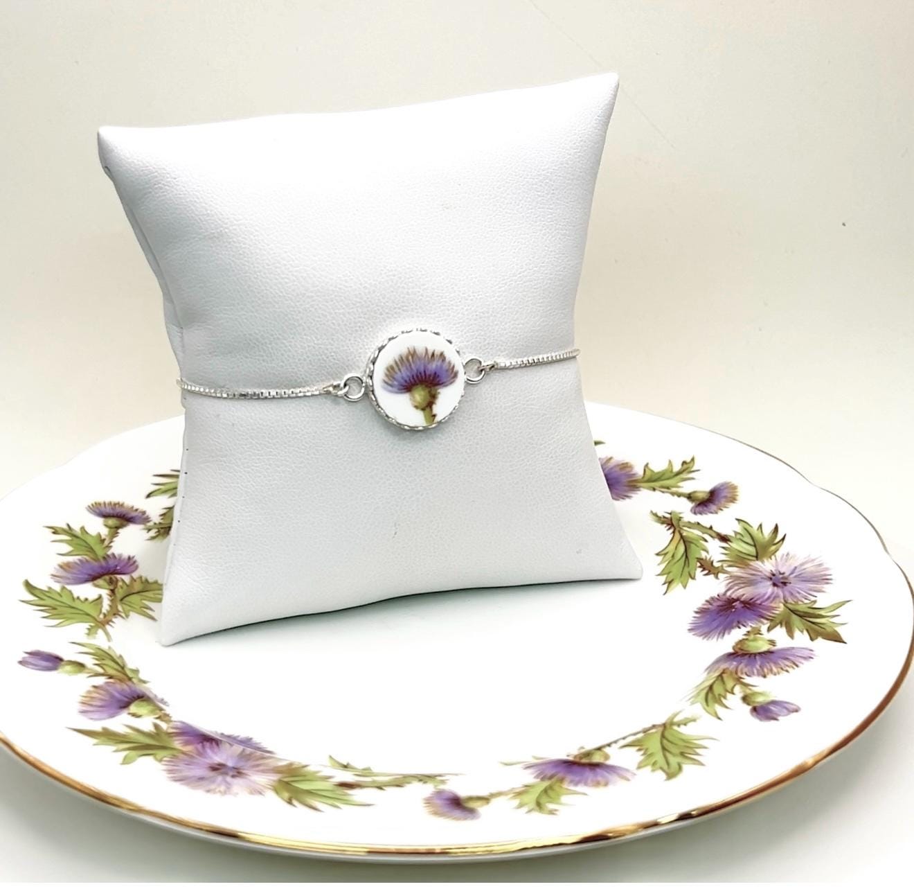 Scottish Thistle Bracelet, Dainty Sterling Silver Jewelry, Broken China Jewelry