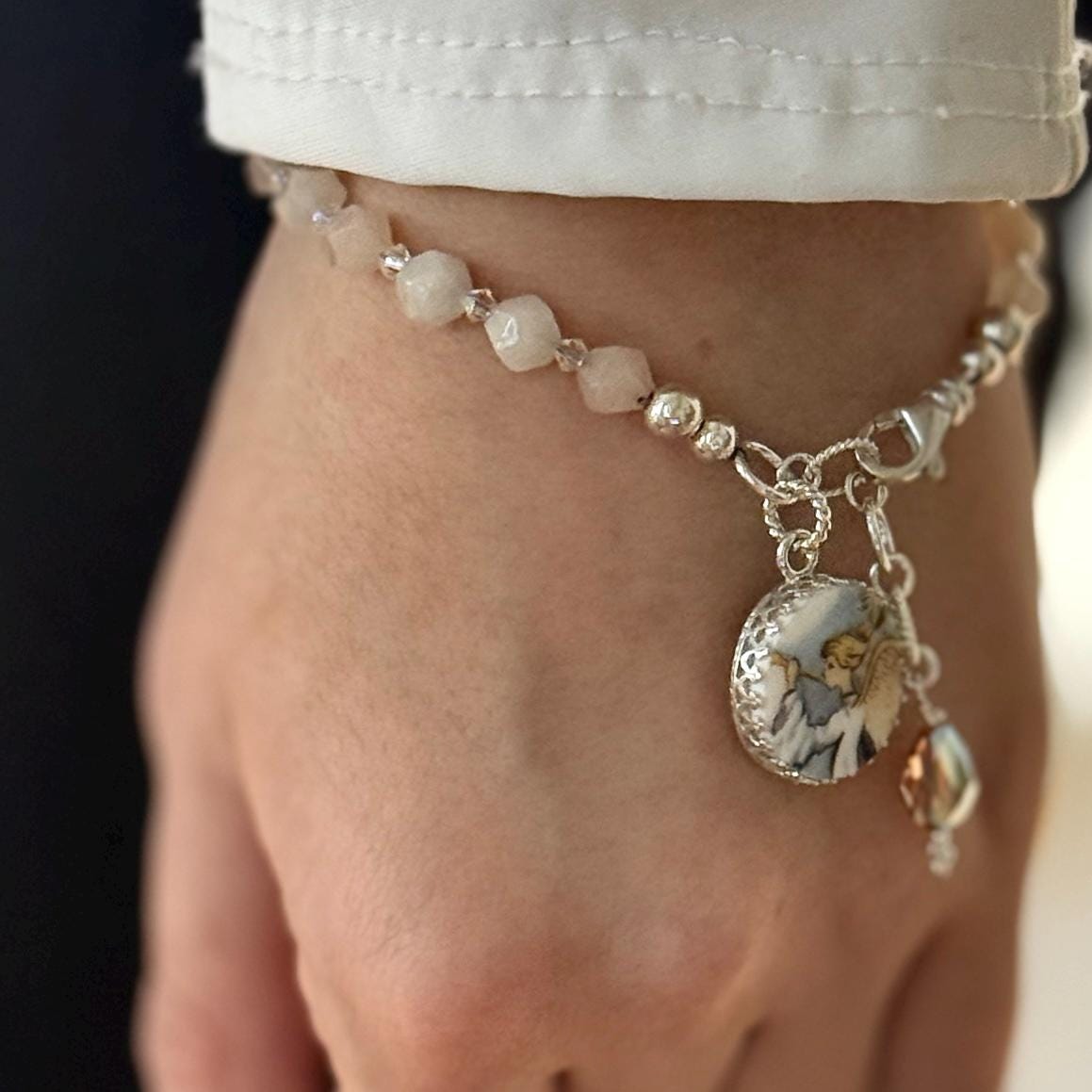 Adjustable Angel Charm Bracelet, Broken China Jewelry, Sterling Silver and Jasper