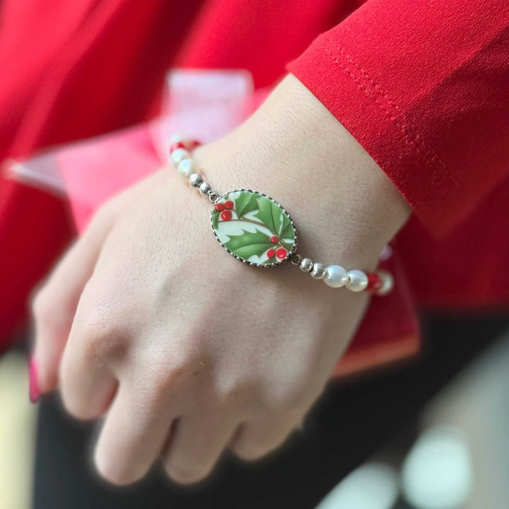Unique Lenox Holiday Broken China Jewelry Bracelet, Pearl and Red Coral Bracelet, Christmas Gifts for Women