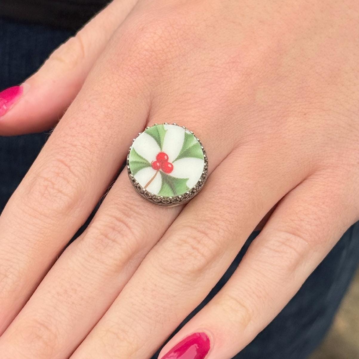 Lenox Holiday Broken China Jewelry Ring, Sterling Silver Christmas Ring, Stocking Stuffers for Her, Christmas Gifts