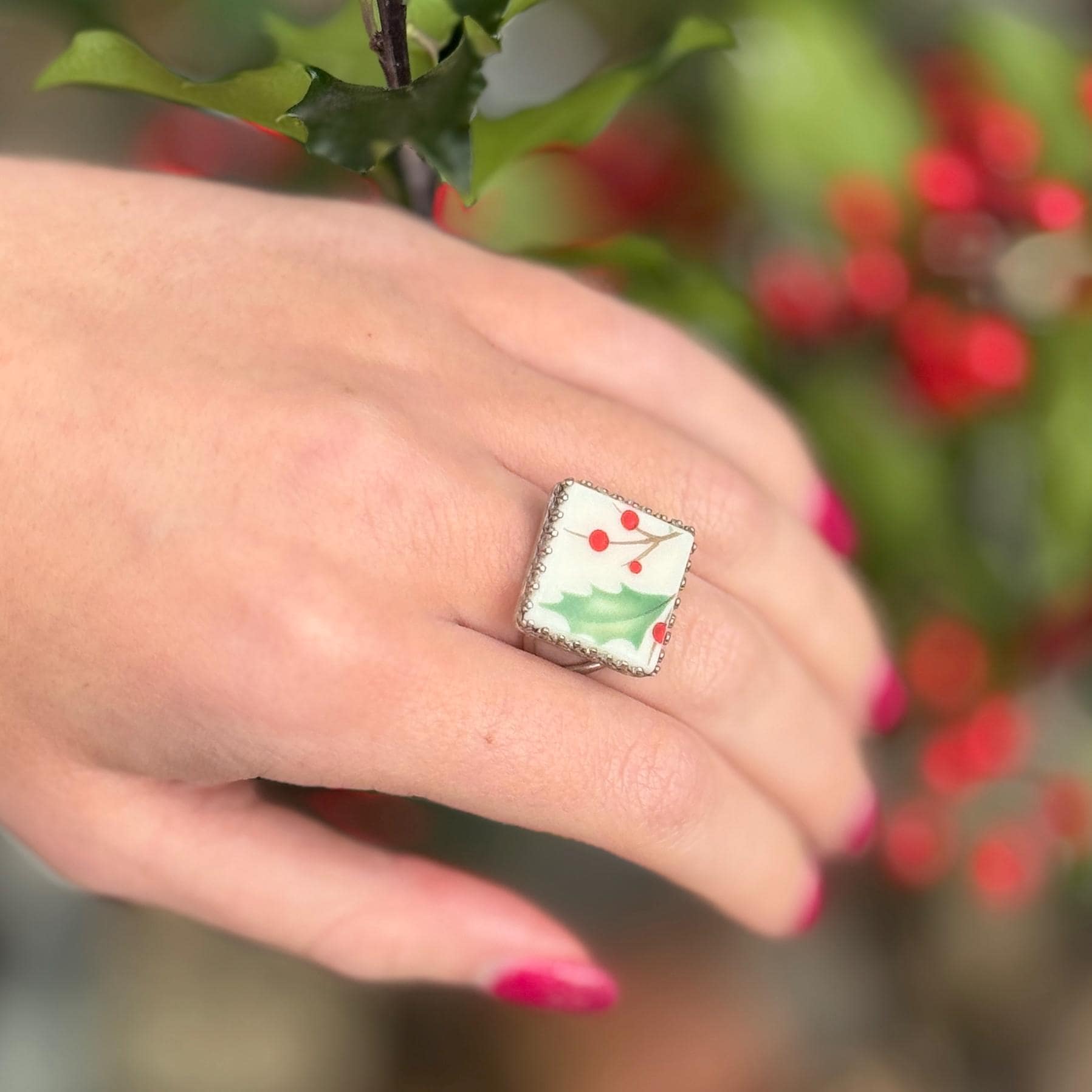 Lenox Holiday China, Sterling Silver Square Holly Christmas Ring, Adjustable