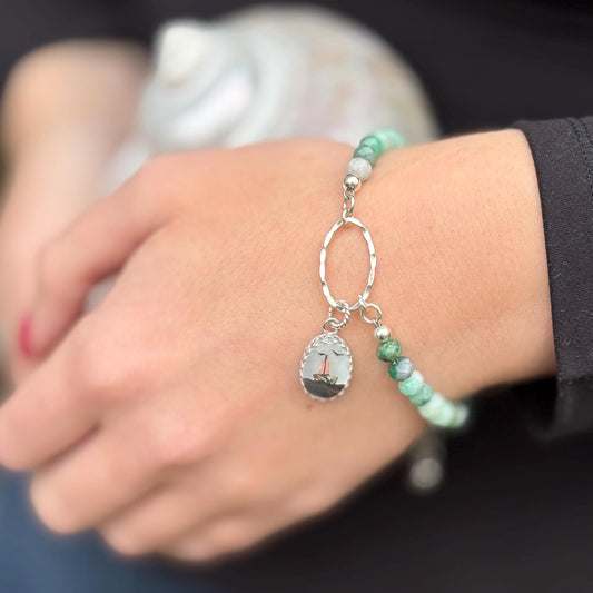 Dainty Emerald Sailboat Bracelet, Hammered Sterling Silver, Vintage Mother of Pearl Nautical Boat Charm
