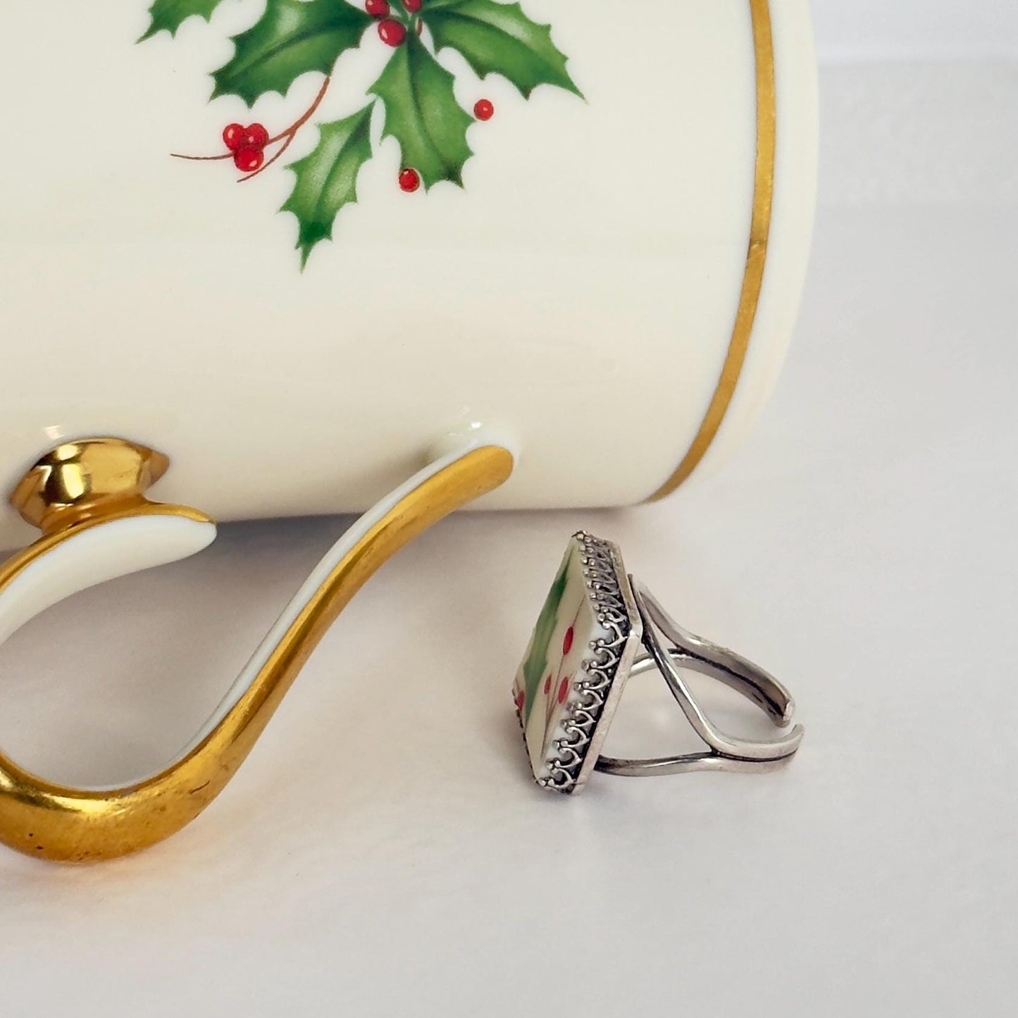 Lenox Holiday China, Sterling Silver Square Holly Christmas Ring, Adjustable