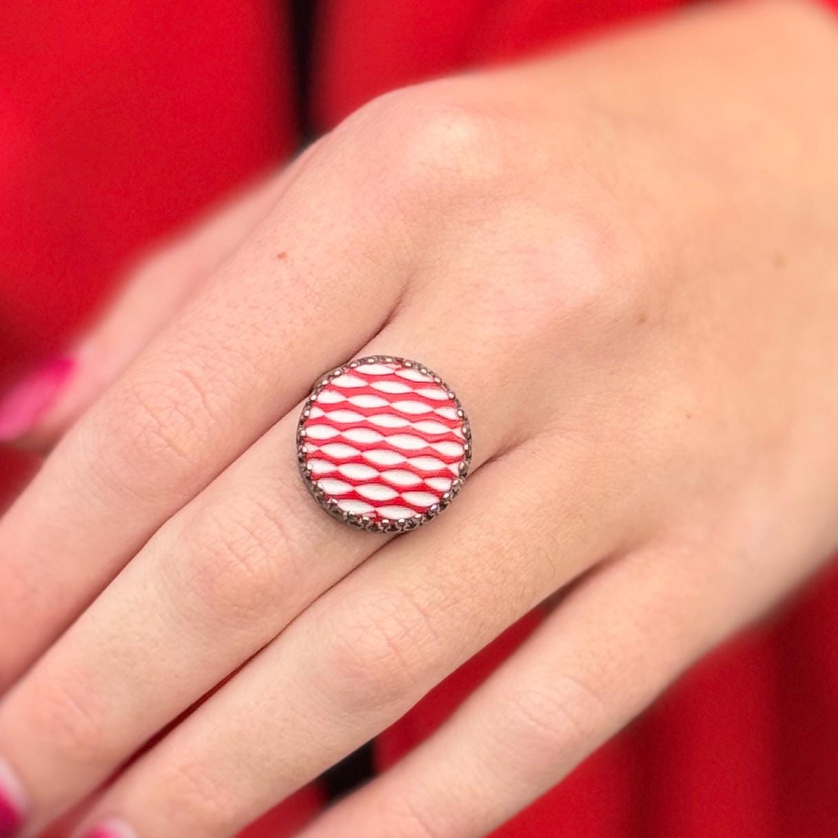Vintage Red Glass Button Ring, Adjustable Silver Ring for Women, Unique Repurposed Christmas Jewelry, Mid-Century Jewelry