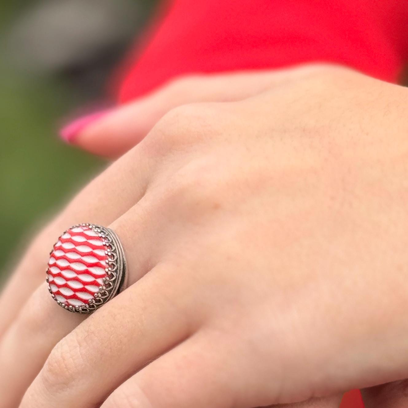 Vintage Red Glass Button Ring, Adjustable Silver Ring for Women, Unique Repurposed Christmas Jewelry, Mid-Century Jewelry