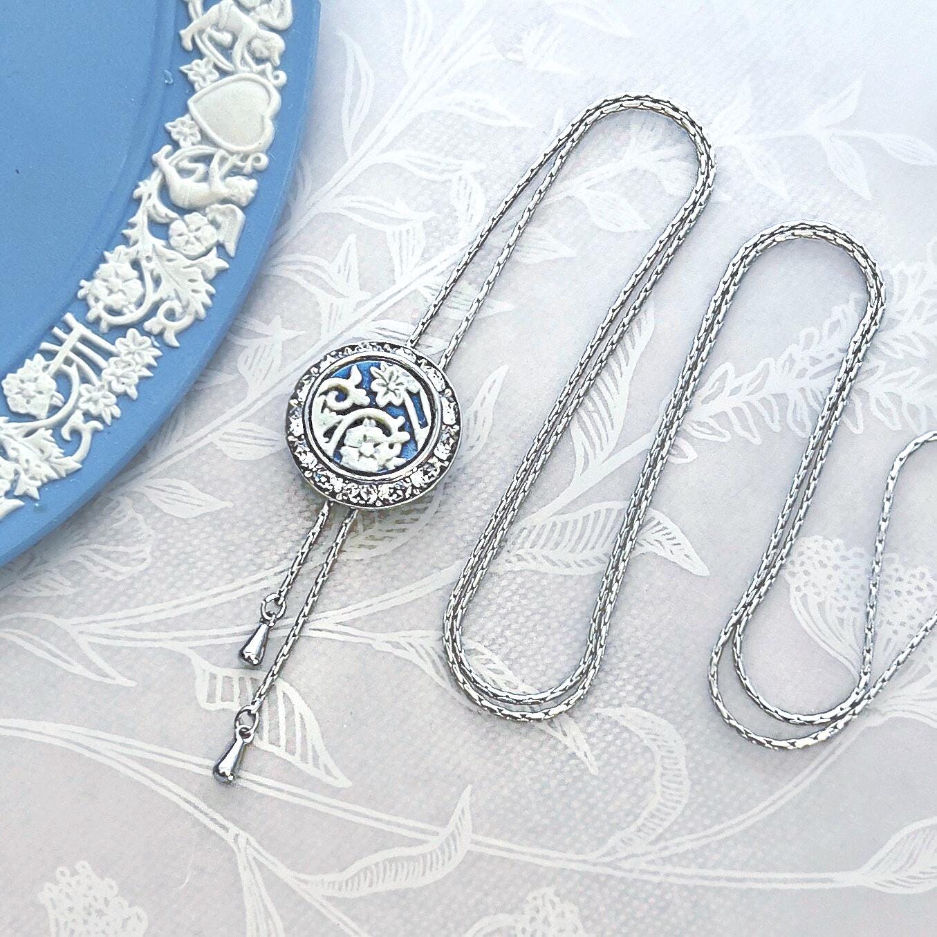 Adjustable Wedgwood Jasperware Necklace, Broken China Jewelry, Long Crystal Lariat, Unique Gifts for Her