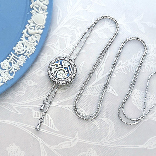 Adjustable Wedgwood Jasperware Necklace, Broken China Jewelry, Long Crystal Lariat, Unique Gifts for Her