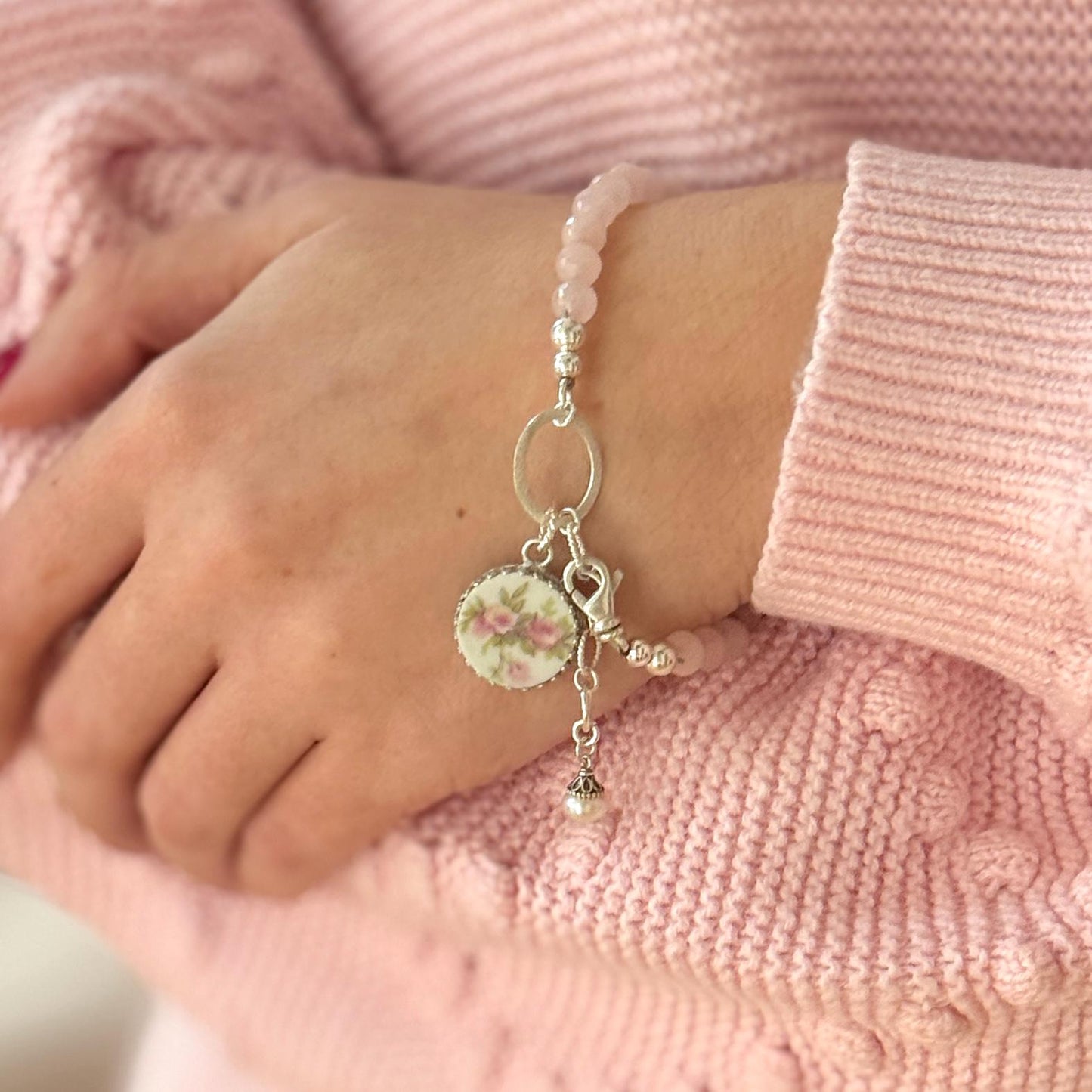 Antique French Limoges Porcelain Bracelet, Romantic 18th Anniversary Gifts for Wife, Rose Quartz Jewelry