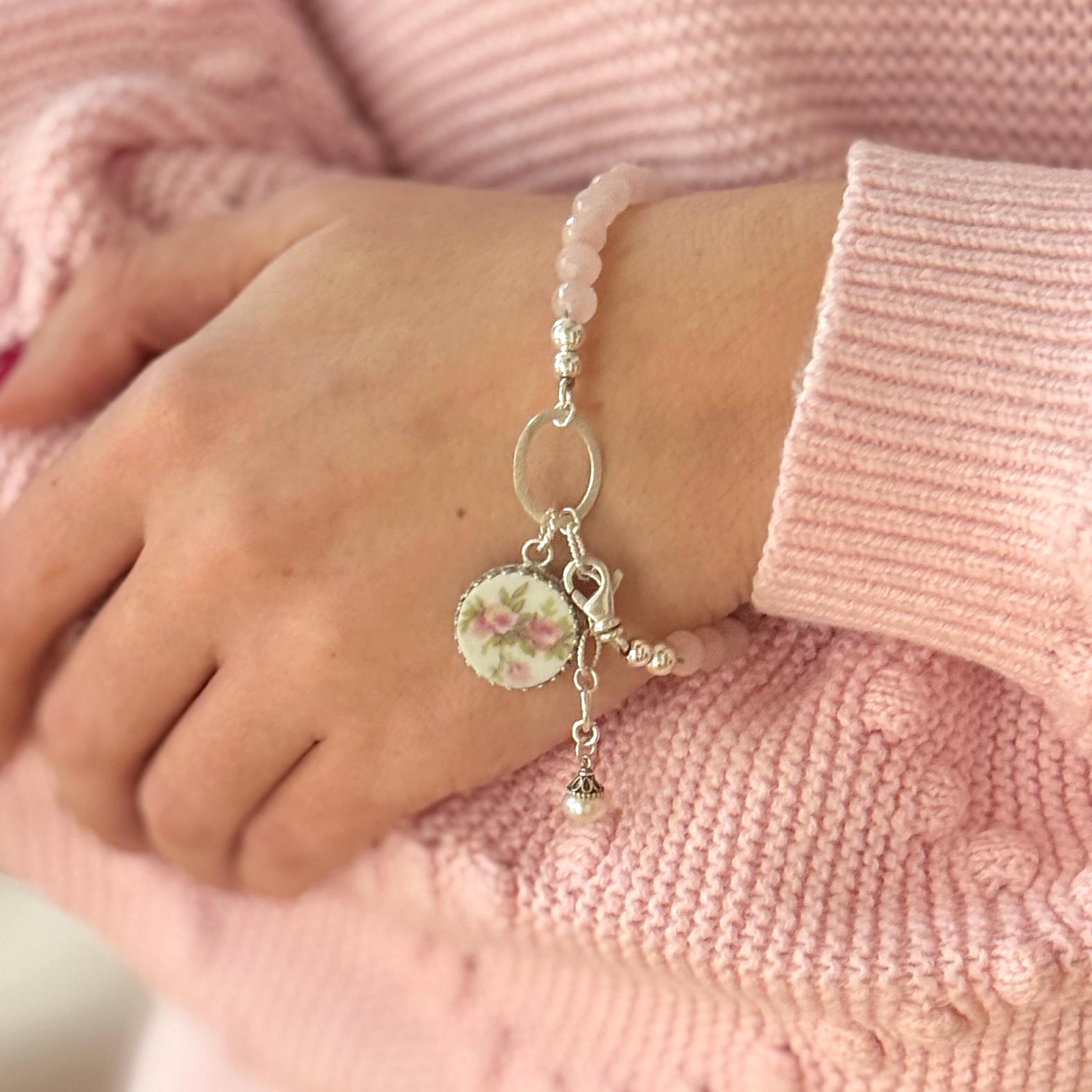 Antique French Limoges Porcelain Bracelet, Romantic 18th Anniversary Gifts for Wife, Rose Quartz Jewelry