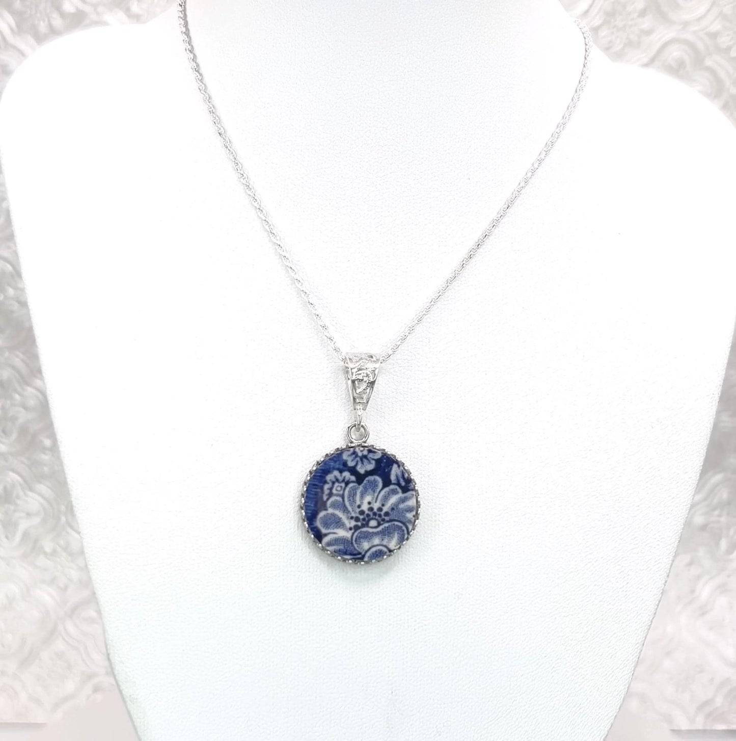 Sterling Silver Liberty Blue China Pendant Necklace, Vintage Repurposed Broken China Jewelry, 20th Anniversary Gift