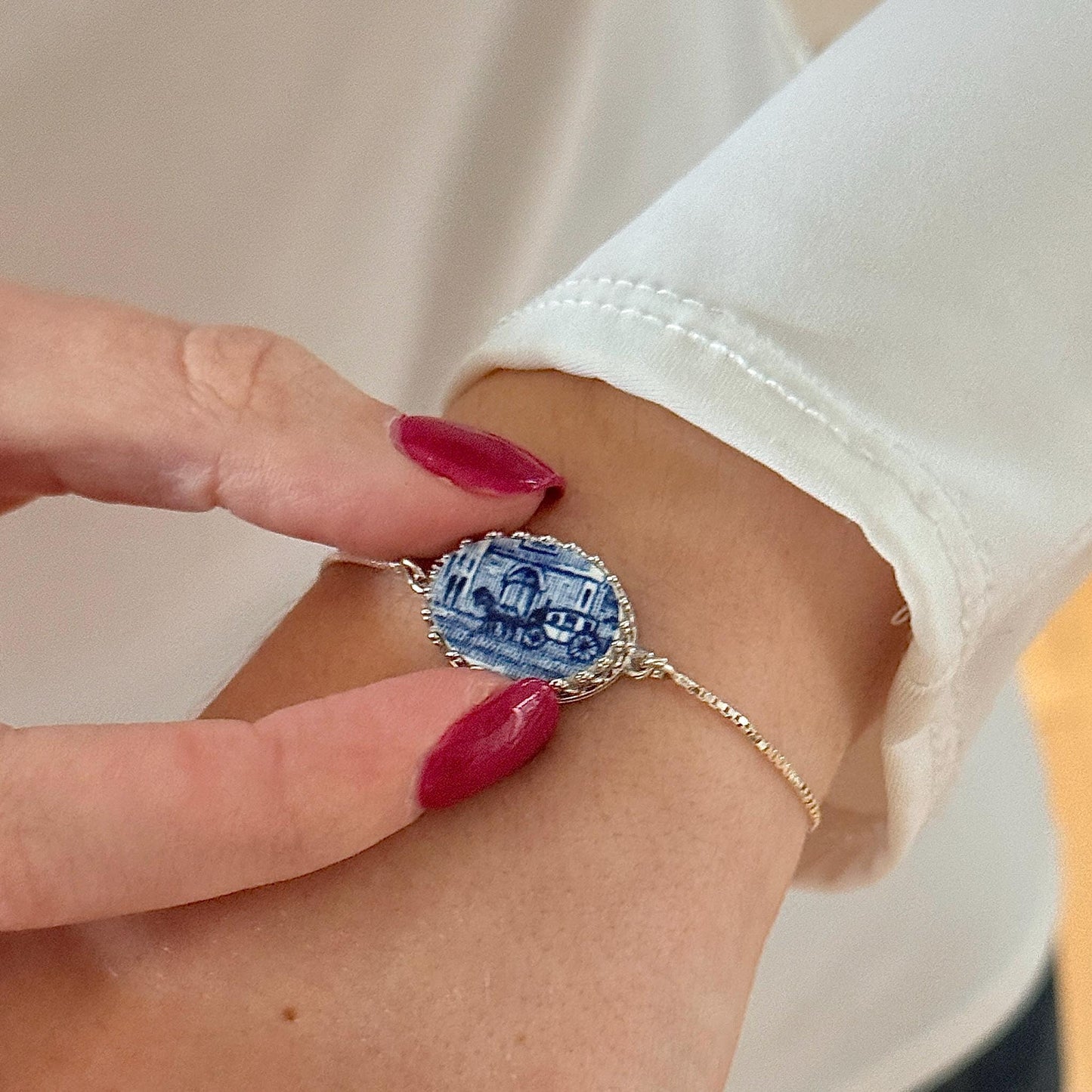 Sterling Silver Horse Slide Bracelet, Liberty Blue Vintage China, Broken China Jewelry