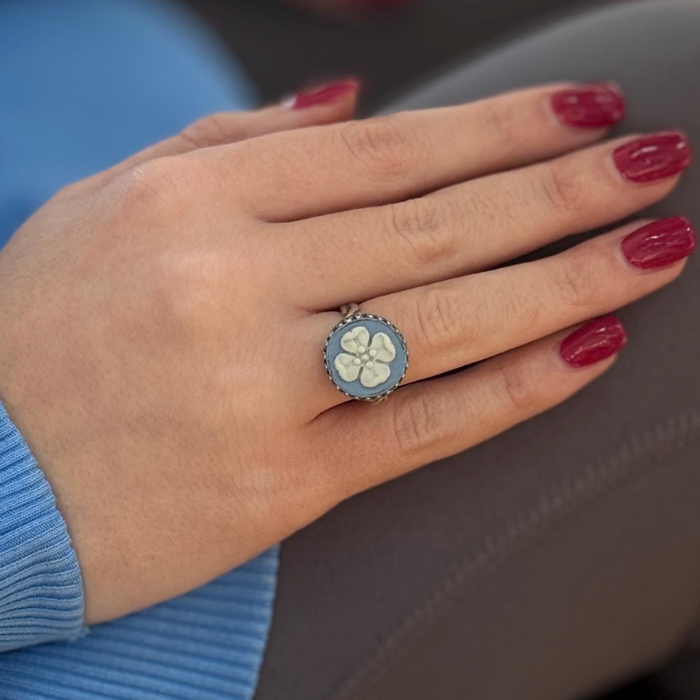 Wedgwood Blue Jasperware Ring, Adjustable Sterling Silver Ring for Women