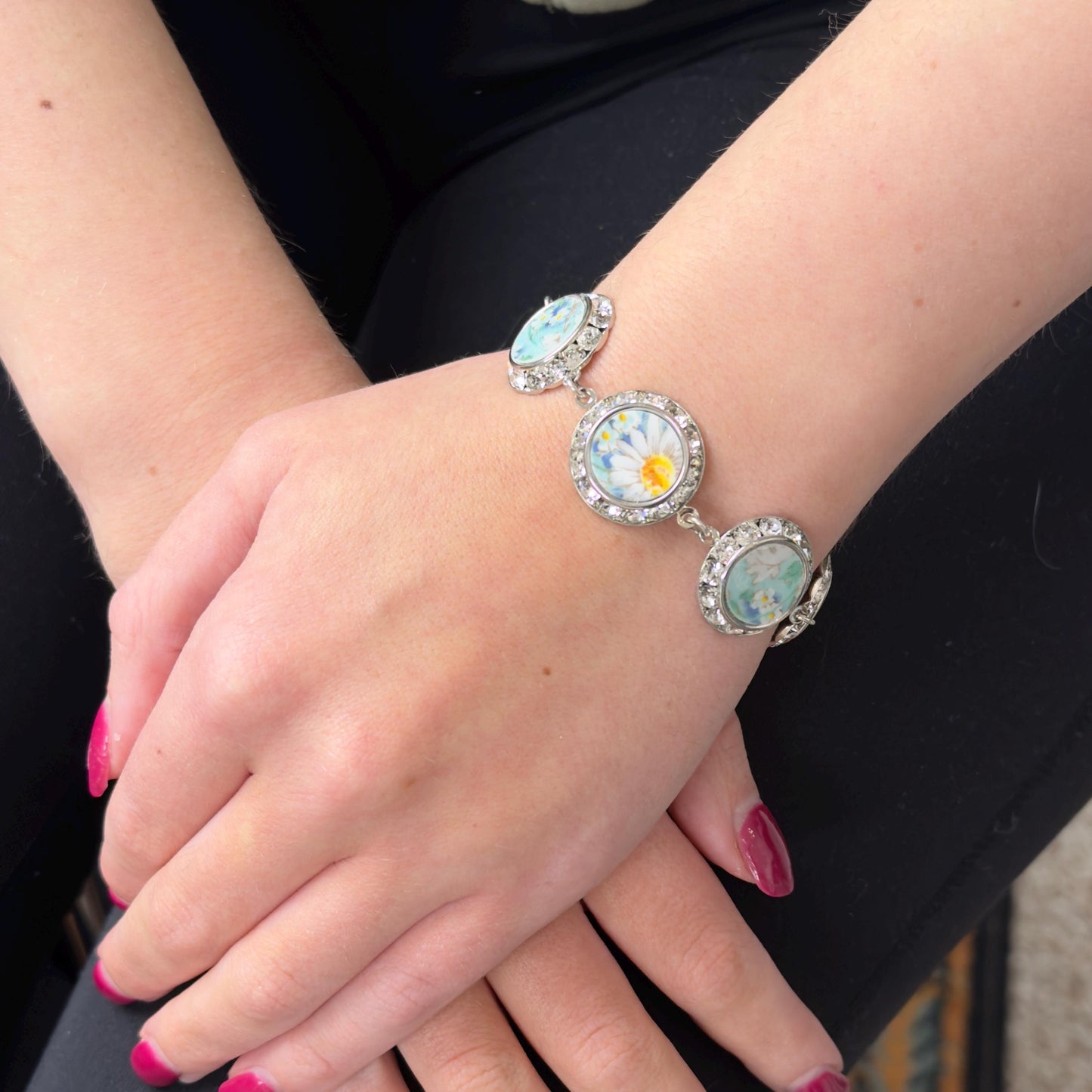 Daisy Charm Bracelet, 20th Anniversary Gift for Wife, Crystal Broken China Jewelry