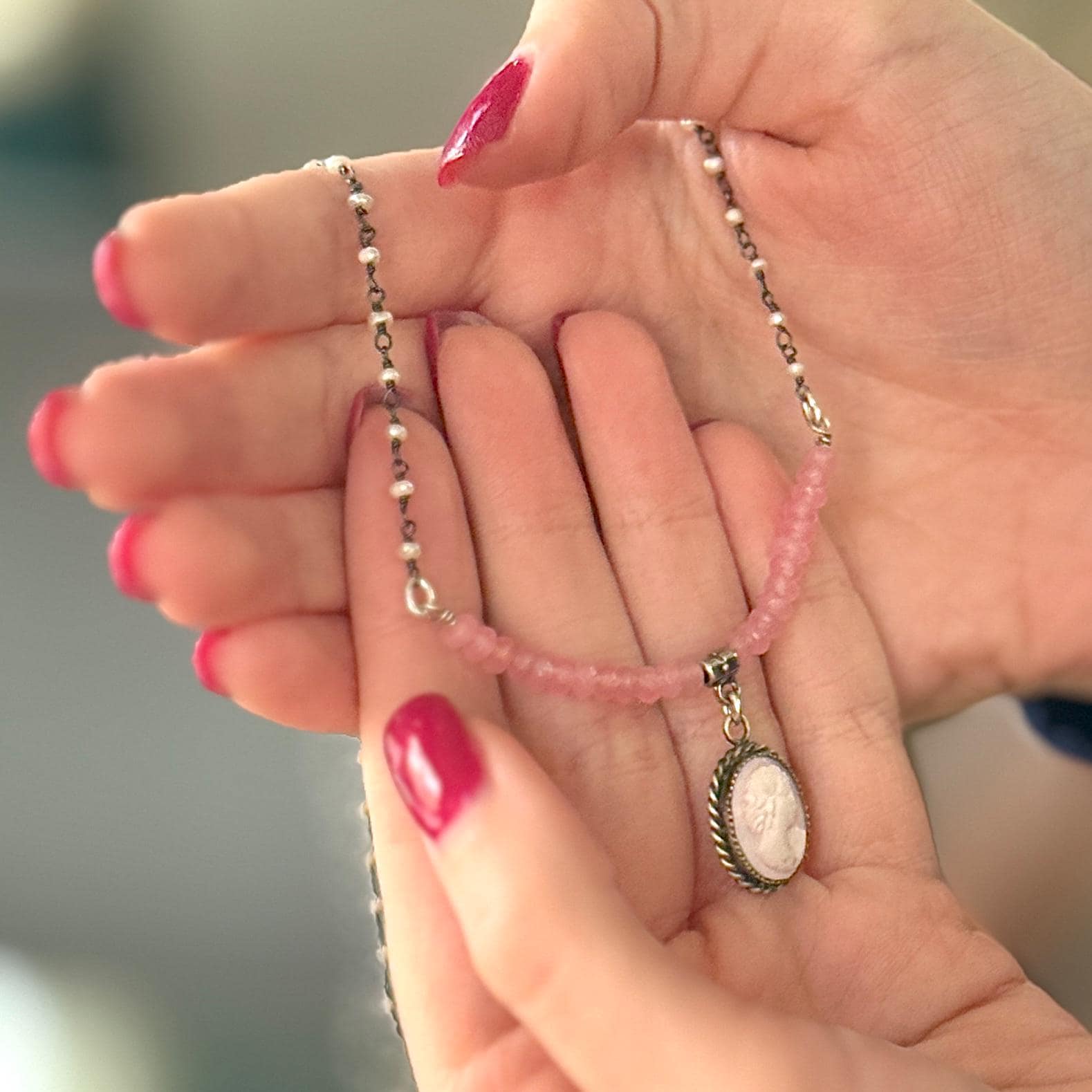 Vintage Shell Cameo & Pearl Necklace, Christmas Gift For Daughter, Victorian Jewelry