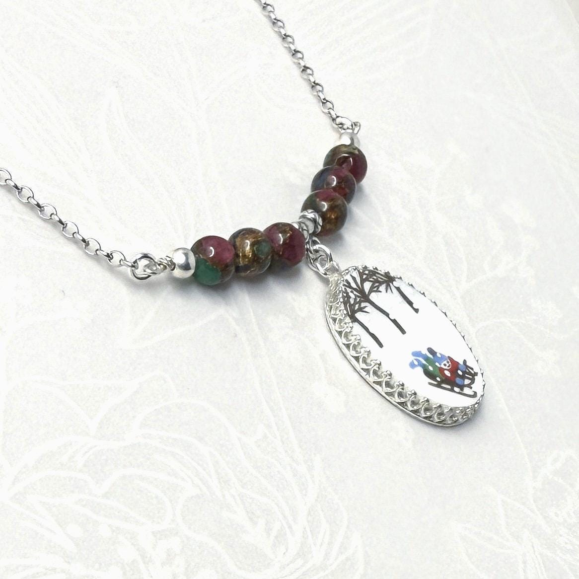 Unique Christmas Necklace, Lenox Sleighride Pattern, Gone Sledding Broken China Jewelry