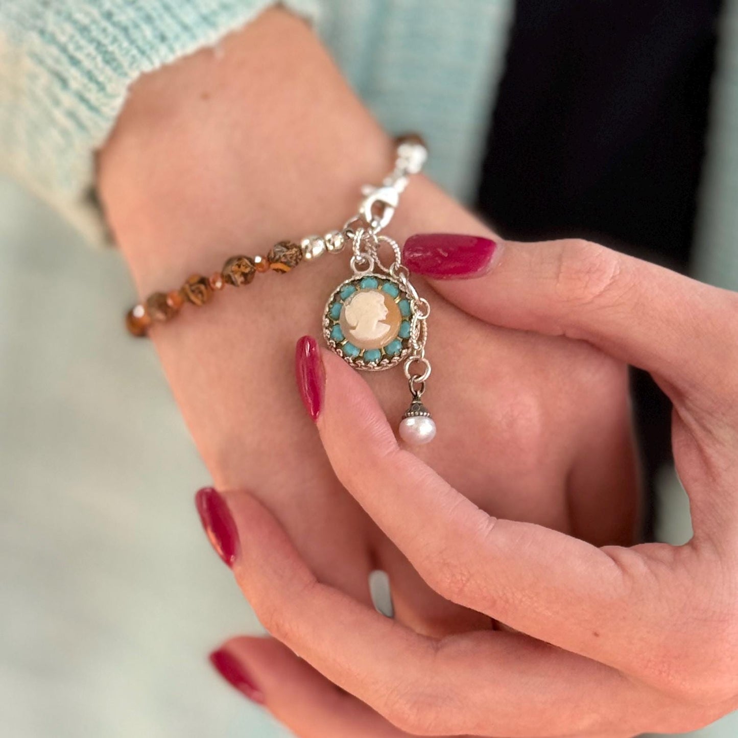 One-of-a-Kind Vintage Shell Cameo Bracelet, Gemstone Jewelry