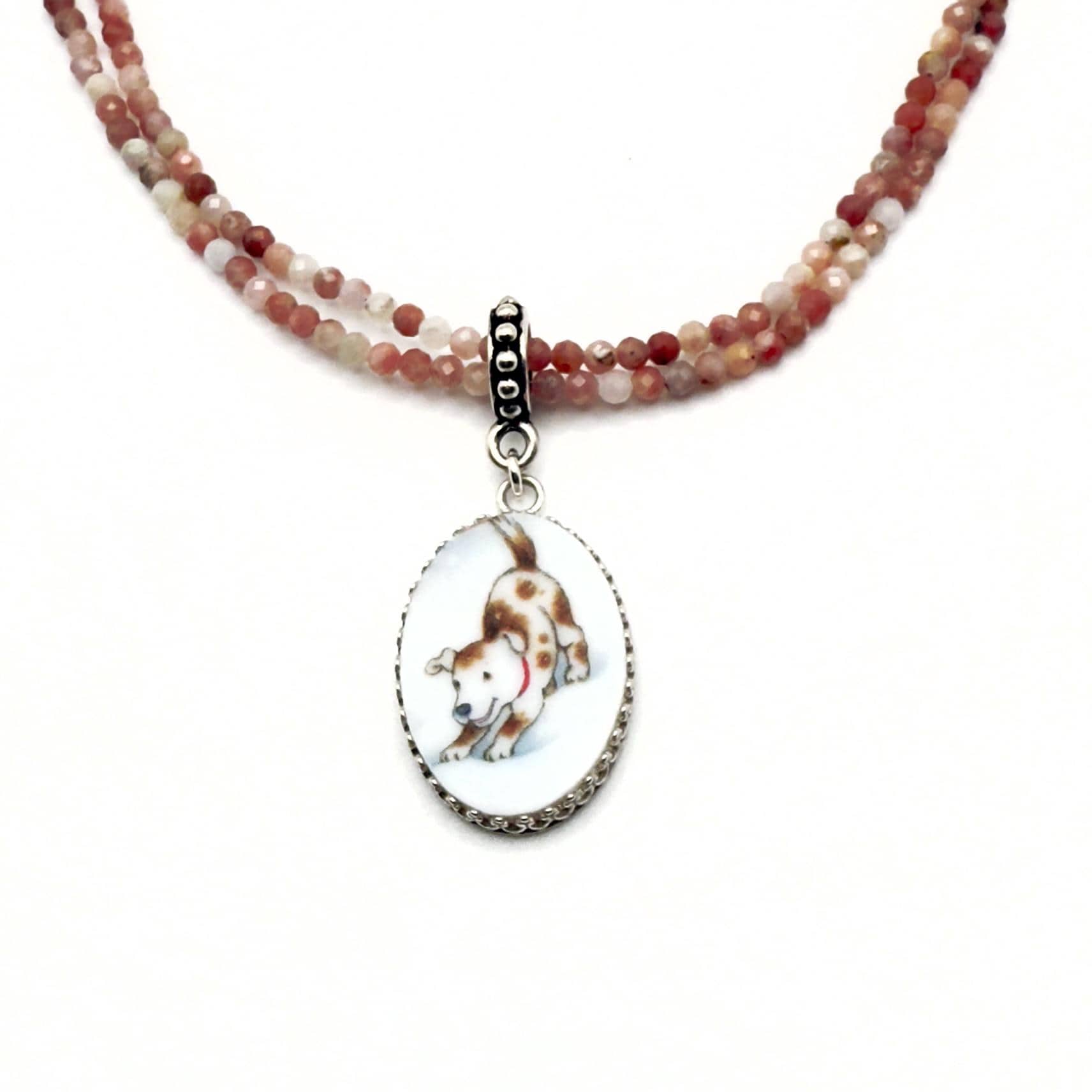 Dog Necklace, Sweet Puppy Dog Playing in the Snow, Broken China Jewelry