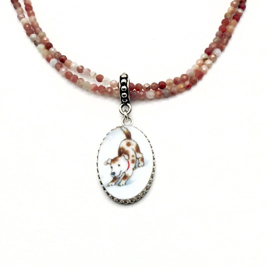 Dog Necklace, Sweet Puppy Dog Playing in the Snow, Broken China Jewelry