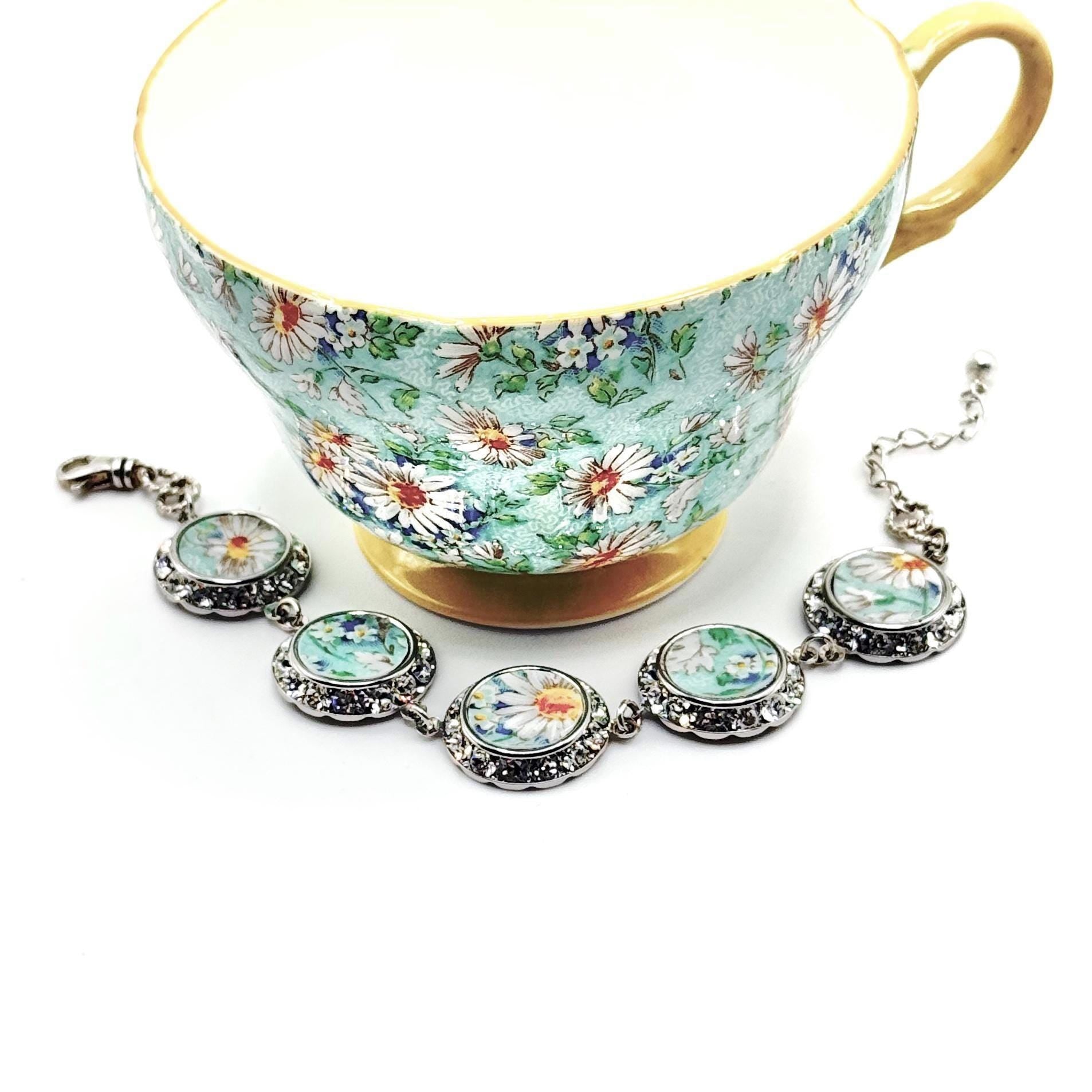 Daisy Charm Bracelet, 20th Anniversary Gift for Wife, Crystal Broken China Jewelry
