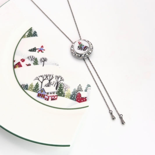 Christmas Crystal Lariat Necklace, Adjustable Broken China Jewelry, Lenox Sleighride Pattern