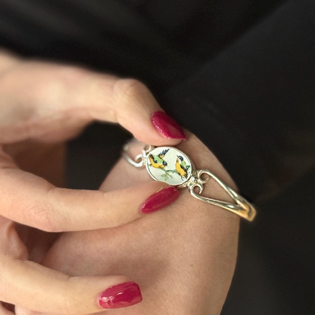 Romantic Anniversary Gift for Wife, Love Birds Broken China Jewelry 20th Anniversary Gift, Dainty Sterling Silver Cuff Bracelet