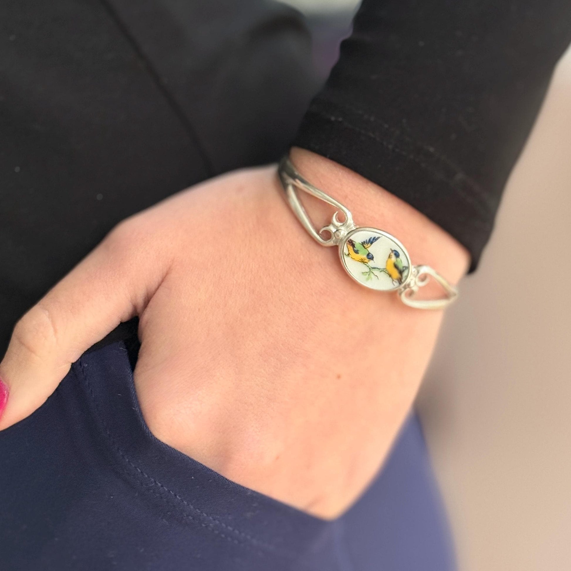 Romantic Anniversary Gift for Wife, Love Birds Broken China Jewelry 20th Anniversary Gift, Dainty Sterling Silver Cuff Bracelet