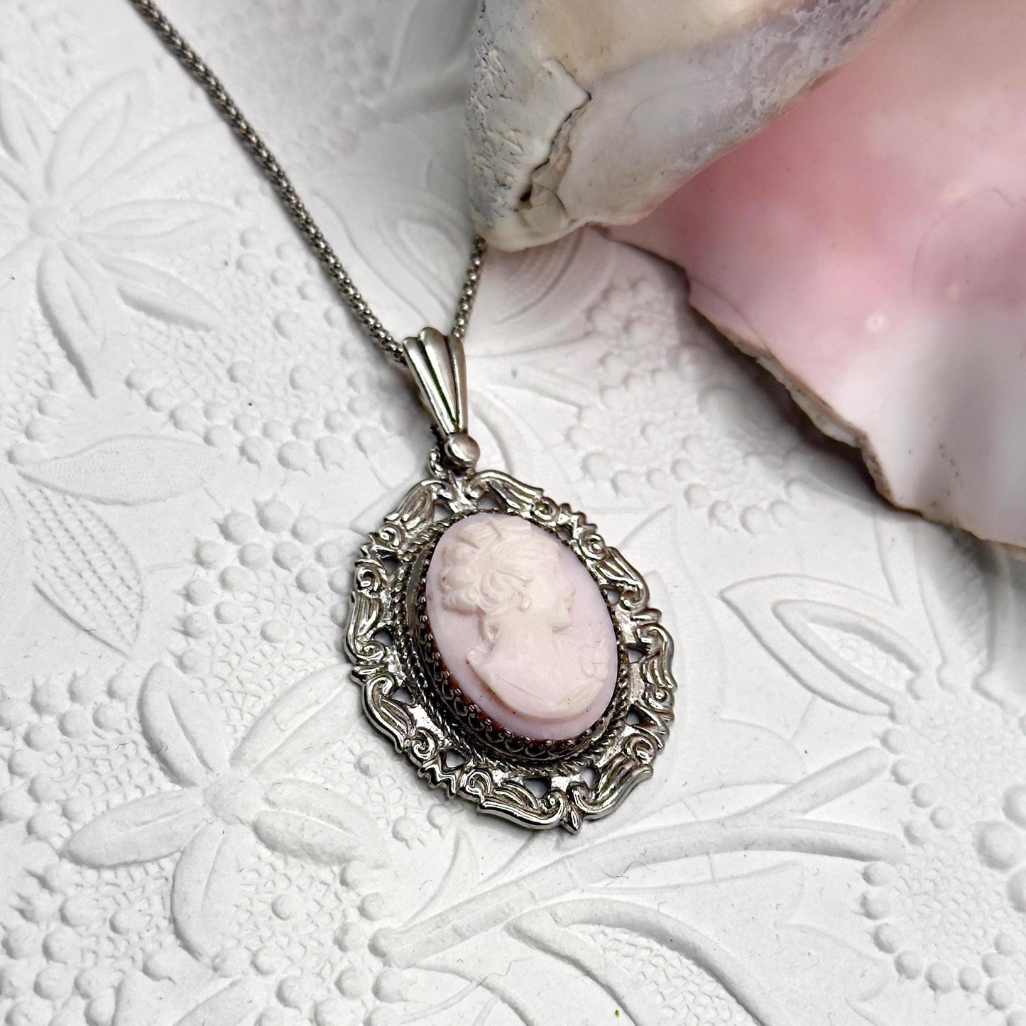 Vintage Pink Cameo Statement Necklace, Authentic Italian Shell Cameo, Sterling Silver Jewelry