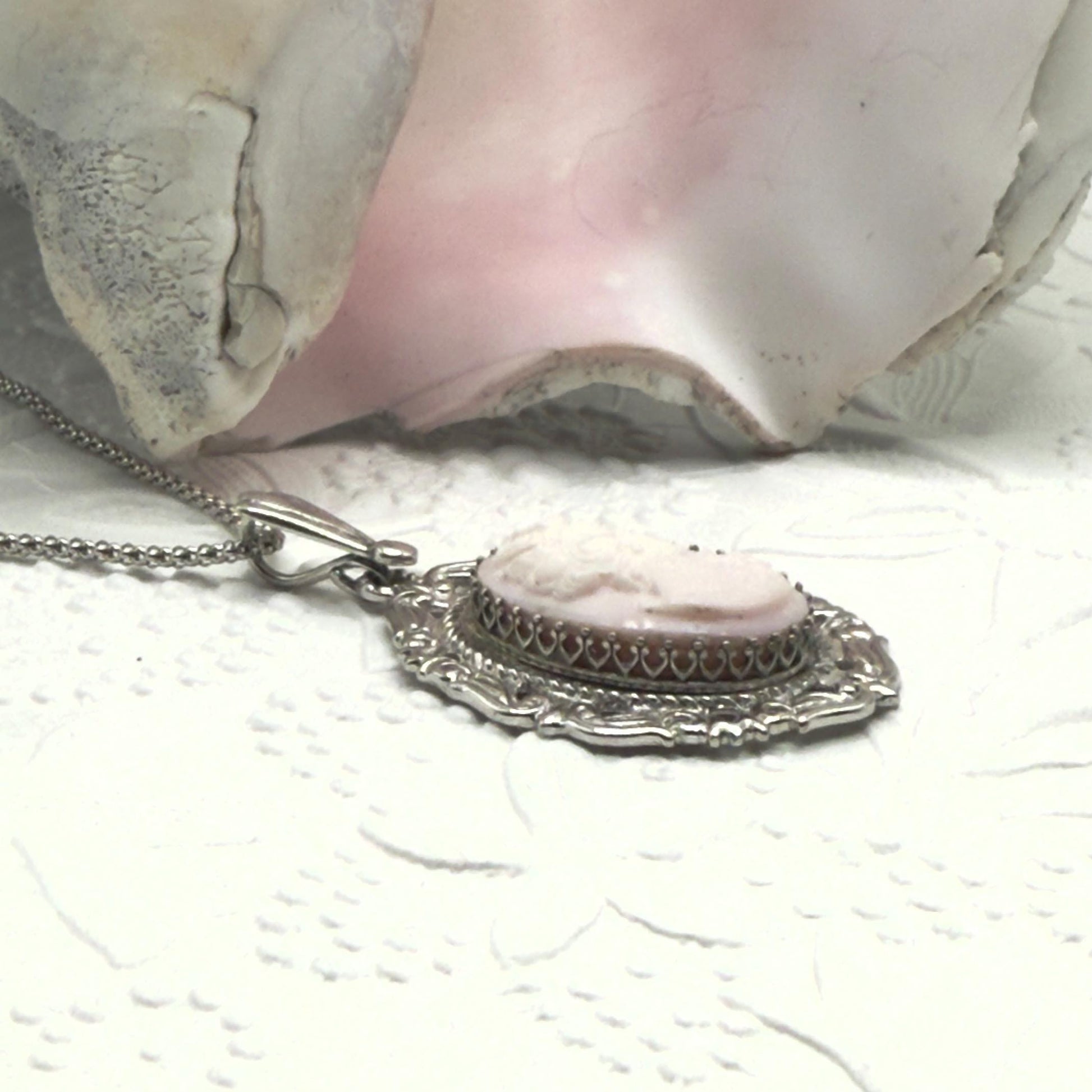 One-of-a-Kind Pink Shell Cameo, Vintage Cameo Jewelry, Sterling Silver Victorian Woman Necklace
