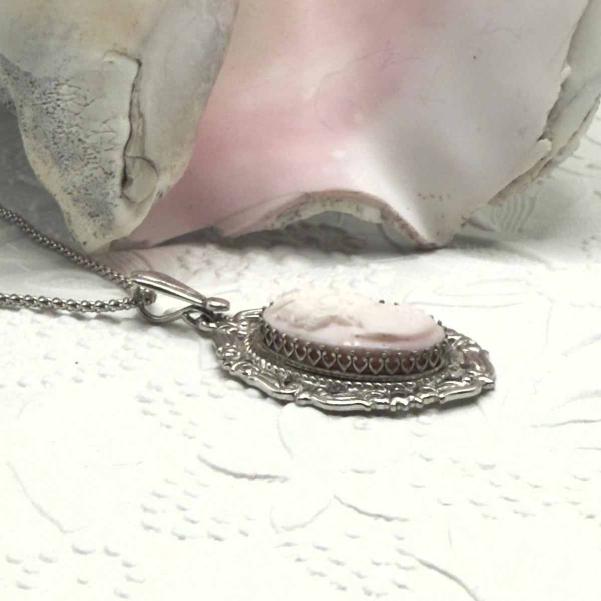 One-of-a-Kind Pink Shell Cameo, Vintage Cameo Jewelry, Sterling Silver Victorian Woman Necklace