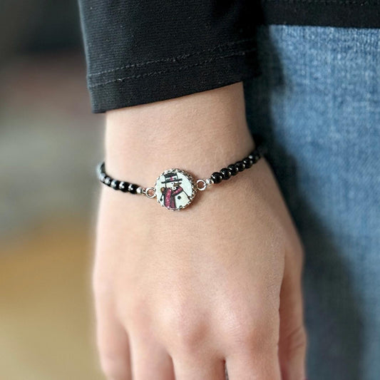Dainty Sterling Silver Snowman Bracelet, Broken China Jewelry, Onyx Gemstones