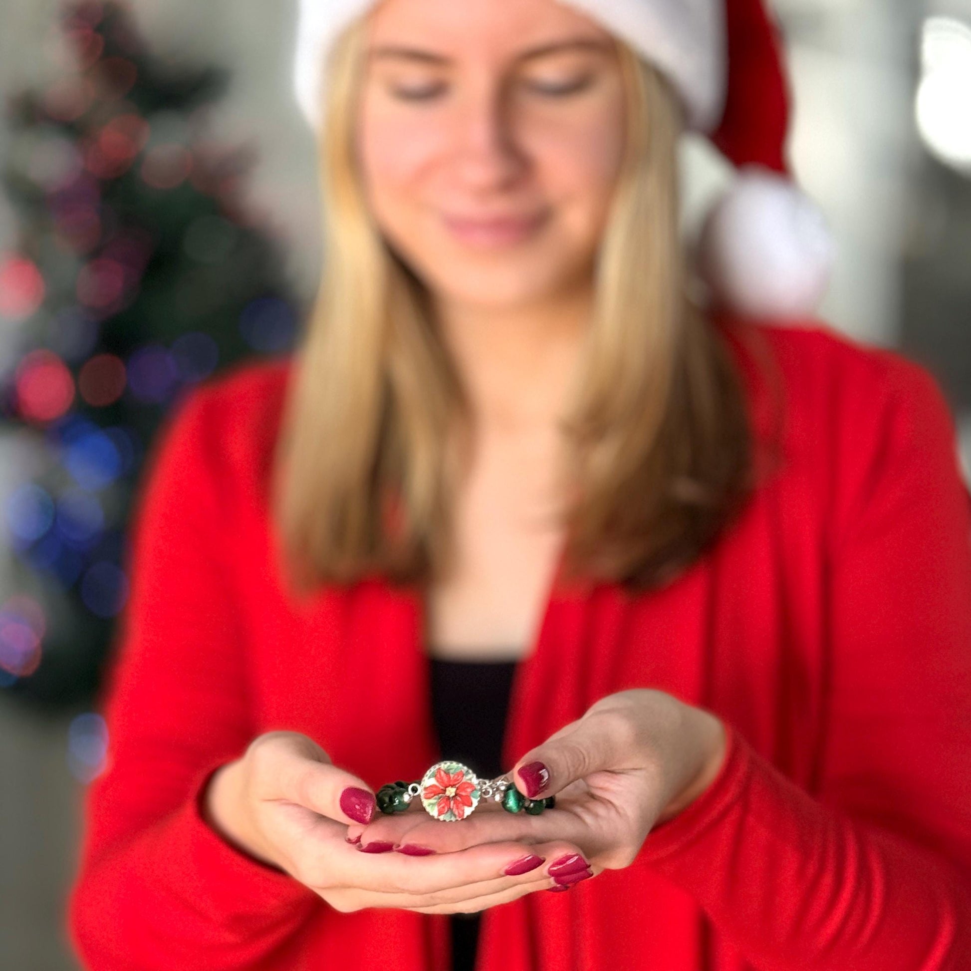 Red Poinsettia Christmas Bracelet, Unique Broken China Jewelry, Green Cats Eye Gemstone, Gifts for Her