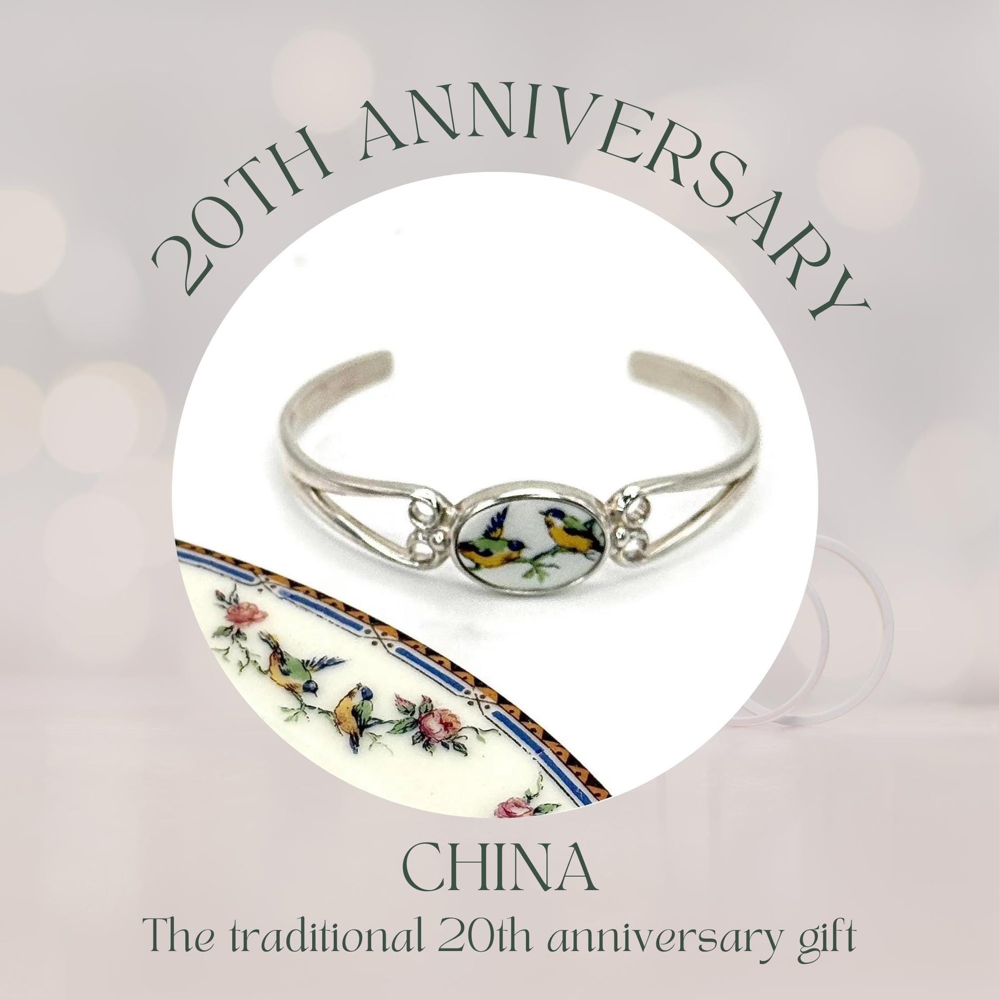 Romantic Anniversary Gift for Wife, Love Birds Broken China Jewelry 20th Anniversary Gift, Dainty Sterling Silver Cuff Bracelet