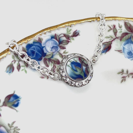 Magnetic Clasp Blue Rose Bracelet, Unique Anniversary Gifts, Royal Albert Moonlight Rose Broken China Jewelry