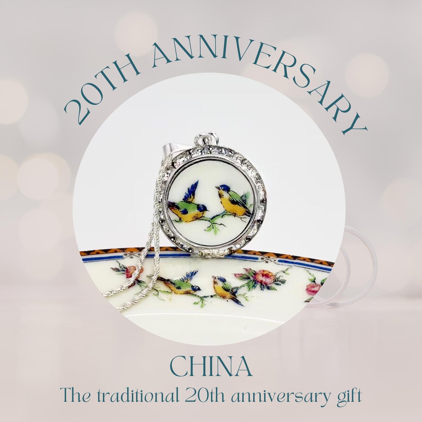 Love Birds 20th Wedding Anniversary Gifts for Wife, Antique Broken China Jewelry Crystal Necklace