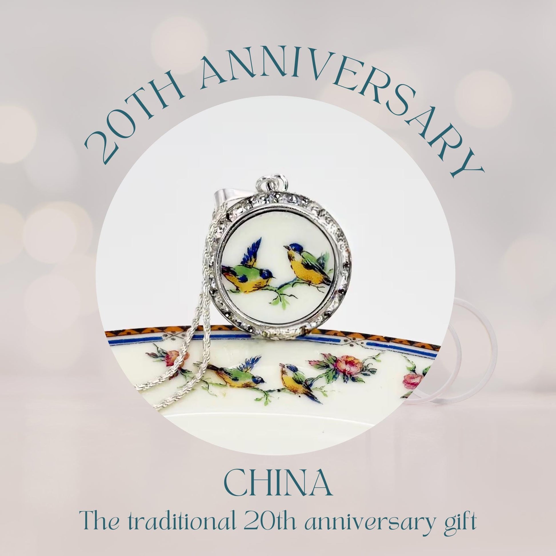 Love Birds 20th Wedding Anniversary Gifts for Wife, Antique Broken China Jewelry Crystal Necklace