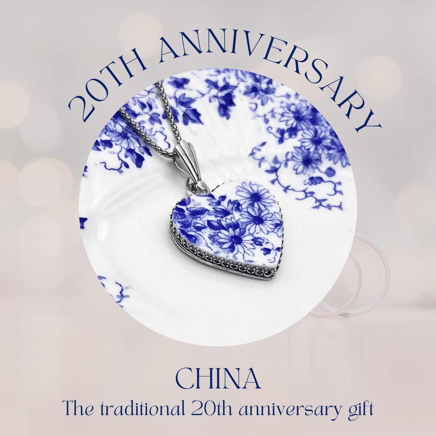 Romantic 20th Anniversary Heart Necklace, Handmade Broken China Jewelry Gift for Wife