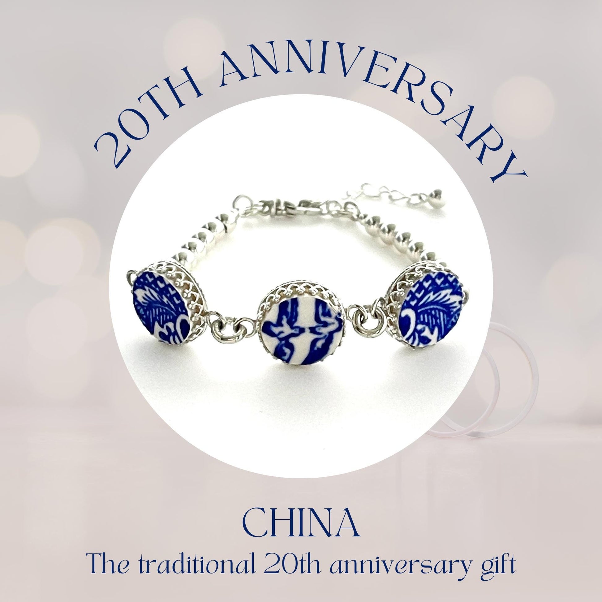 Love Birds Broken China Jewelry Bracelet, Romantic 9th and 20th Anniversary Gift for Wife, Blue Willow China Jewelry, Unique Gifts for Women