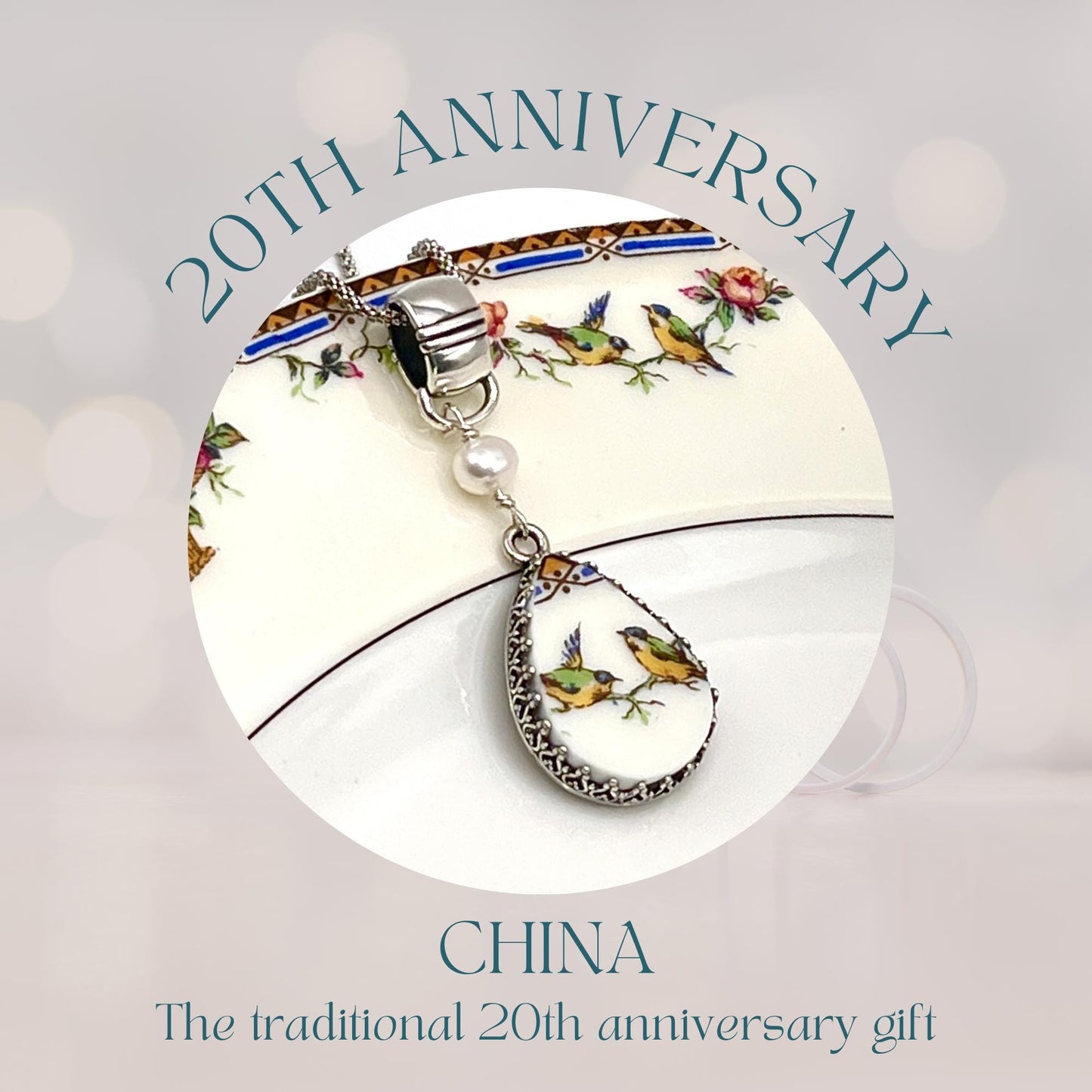 Repurposed French China Love Birds Necklace, Sterling Silver, Traditional 20th Anniversary Gift for Wife